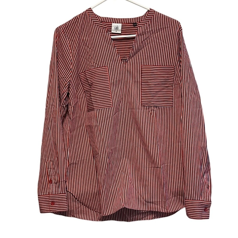 Cabi Franklin Blouse Red White Blue Stripe V Neck Pocket Blouse Top Women's M - Picture 2 of 10